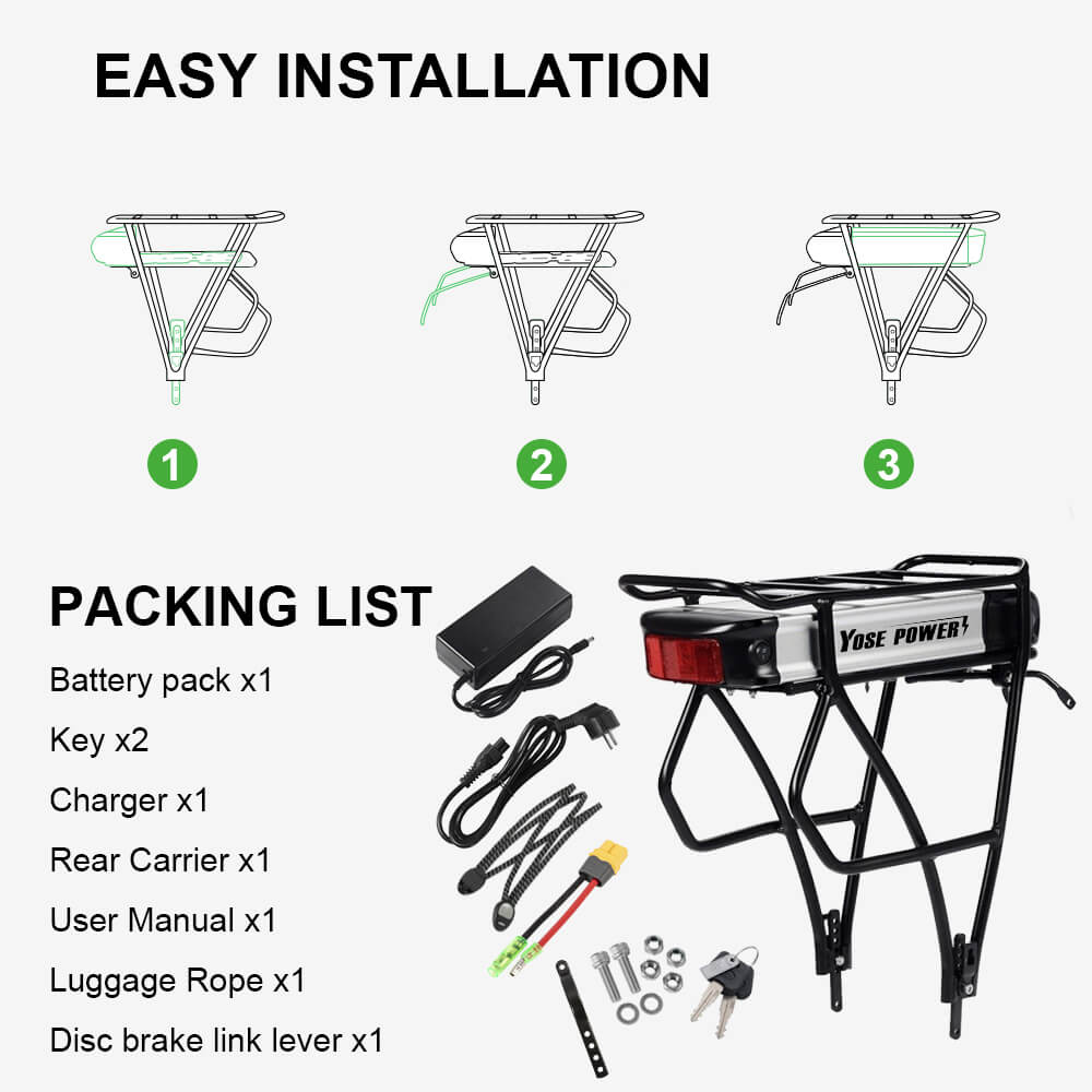 36V 13Ah/15.6Ah/17.4Ah E-Bike Lithium-ion Battery with Black Rear Carrier Fit for 26"-28" Bike with V-Brake and Disc Brake for Prophete, Aldi, Alurex, ElFei - Image 7
