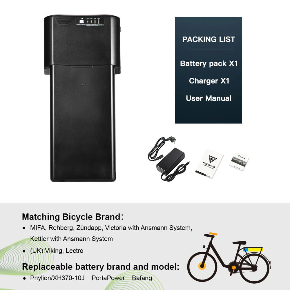 36V 10.4Ah(385Wh)/14Ah(518Wh) Electric Bicycle Lithium-ion Battery Black for MIFA, Rehberg, Zündapp, Victoria with Ansmann System - Image 7