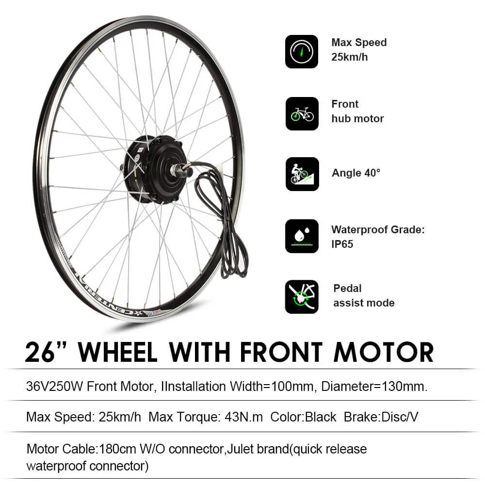 E-Bike Conversion Kit 36V 250W 26" Front Motor Kit Bicycle E-Bike Hub Motor in Black - Image 3