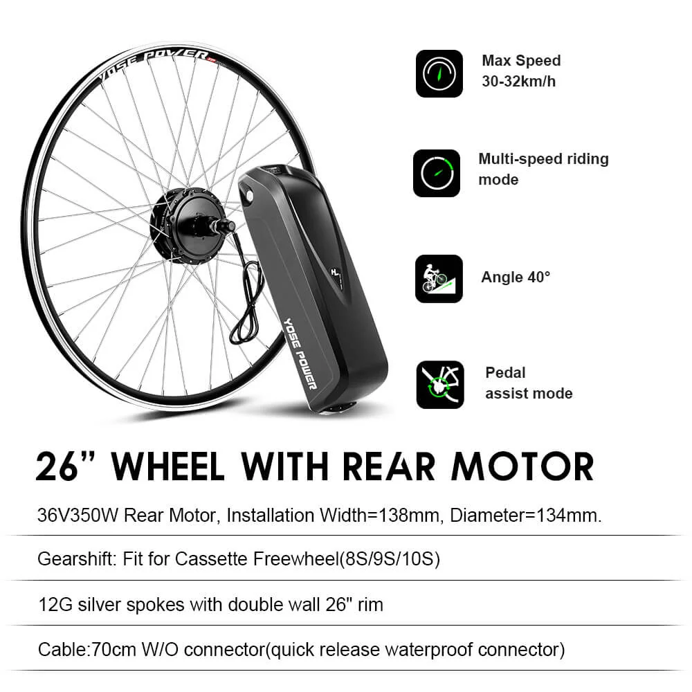E-Bike Conversion Kit 36V 350W 26" Rear Motor Kit for Cassette with 36V 18Ah Battery and Charger - Image 2